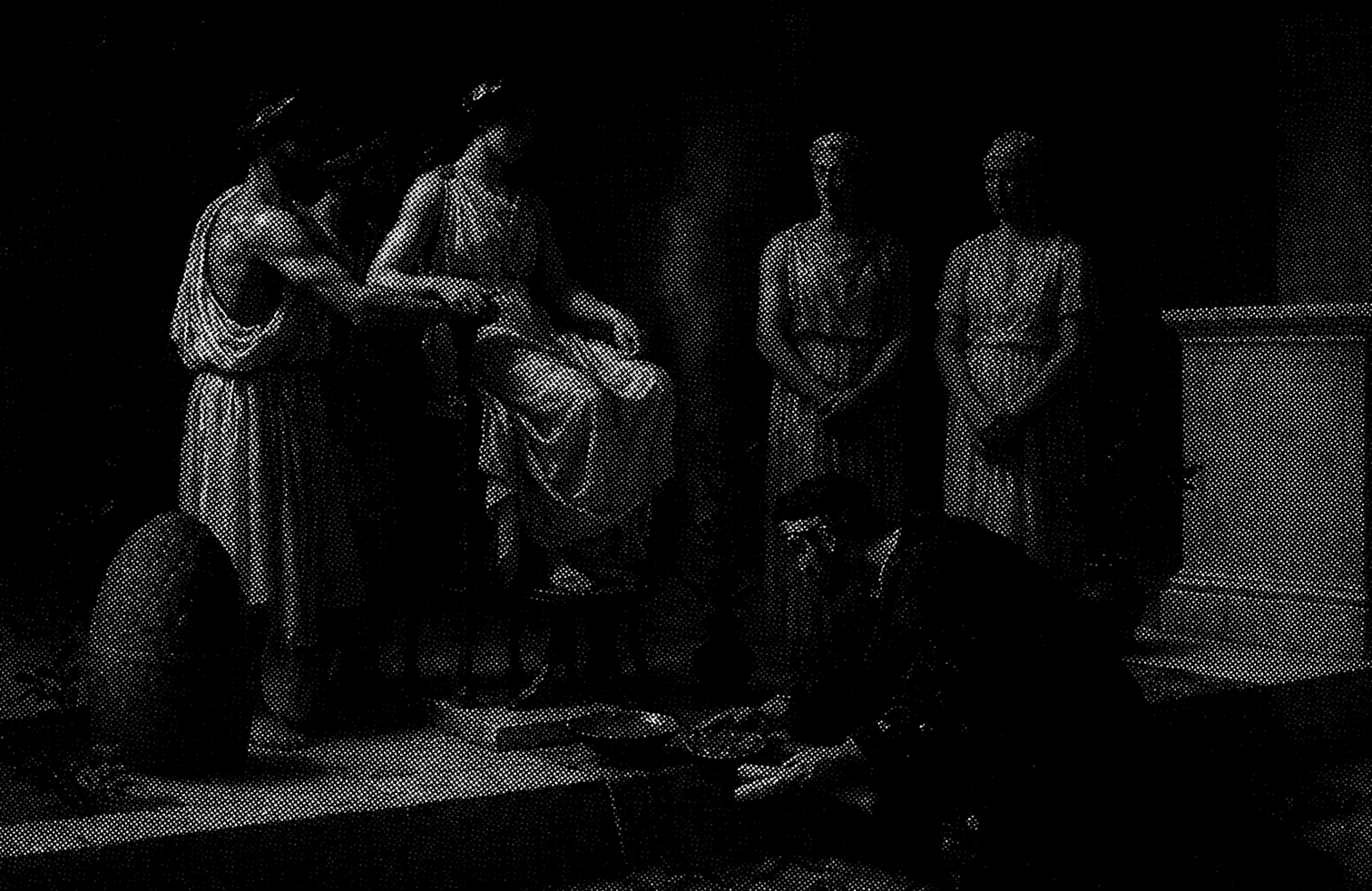 Statues illuminated in a halftone texture symbolizing the Pythia oracle